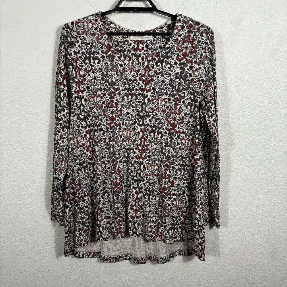 Peruvian Connection Tunic‎ Top Size XL Red Floral Blouse Long Sleeve Modal Blend